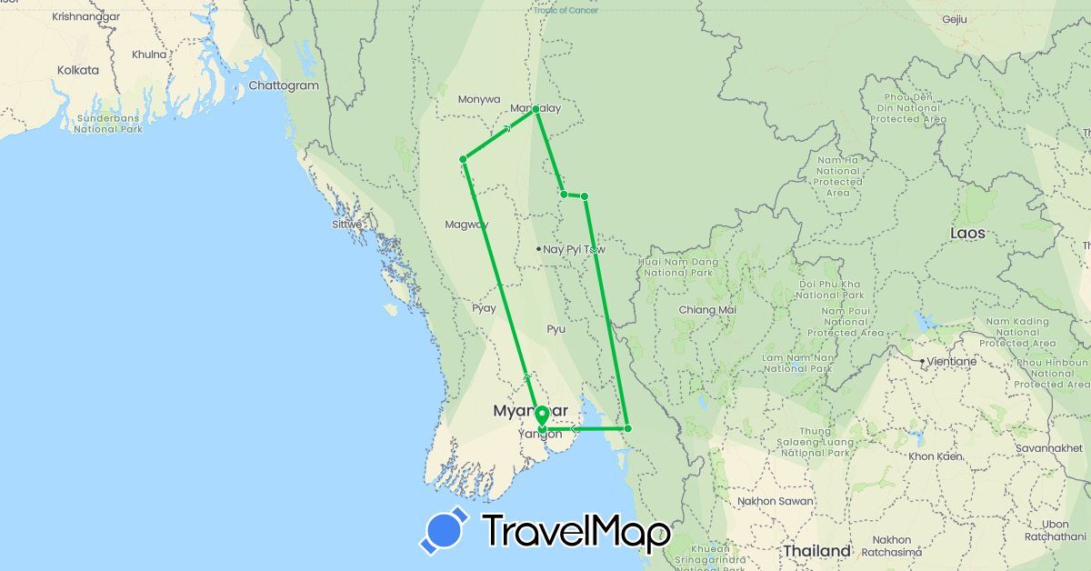 TravelMap itinerary: bus, plane in Myanmar (Burma) (Asia)